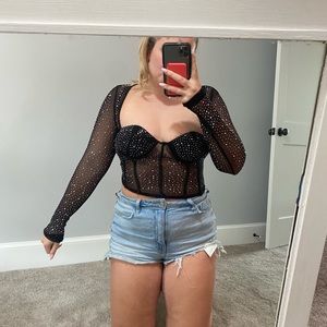 Black corset like long sleeve sparkles top -large